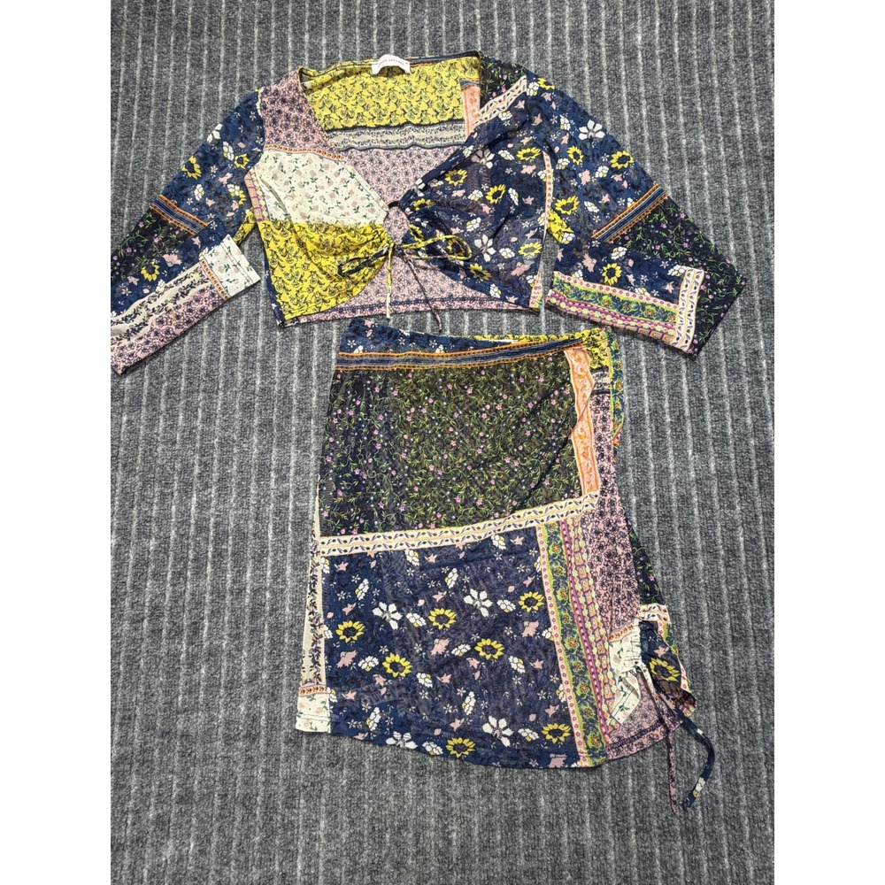 Boho Patchwork Y2K Mesh‎ Set Cover Up XS Multicolor Floral 2pc Beachy Summer